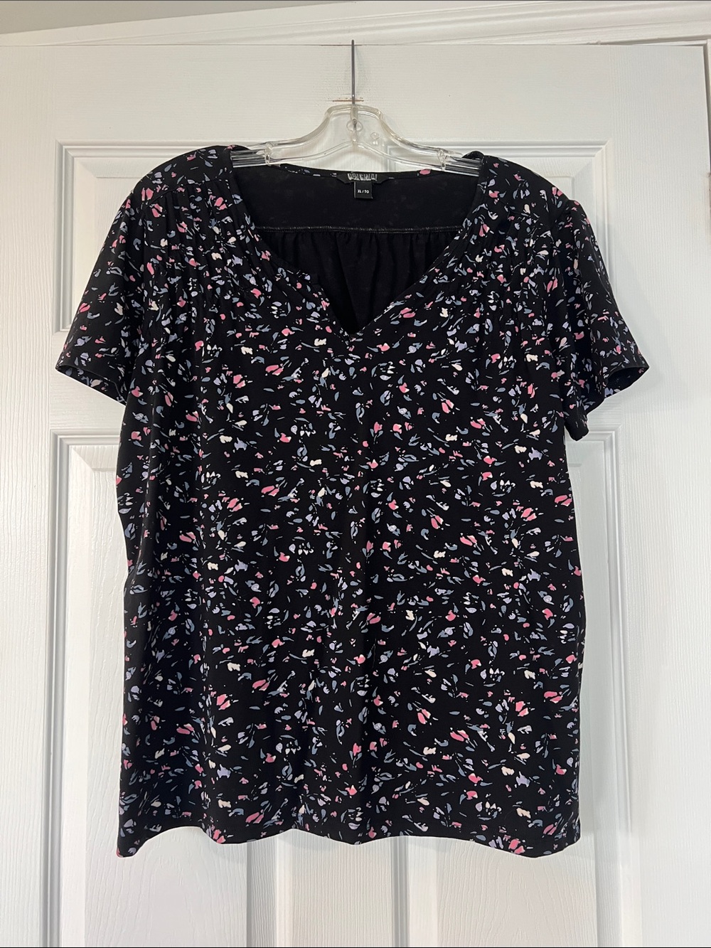 Nicole Miller Black Short-Sleeve V-Neck Top with Pink & White Floral Print
